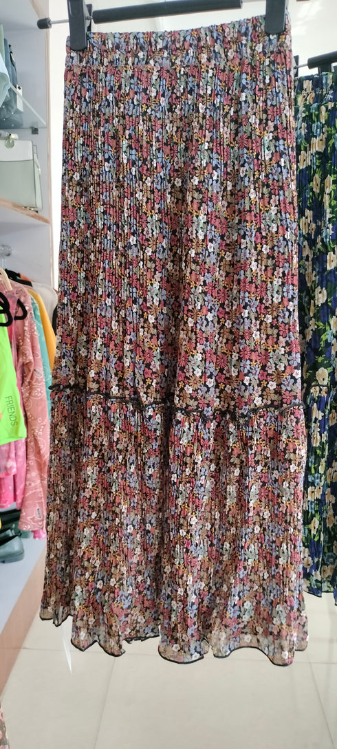 Chic Floral Printed Pleated Flounces Skirts